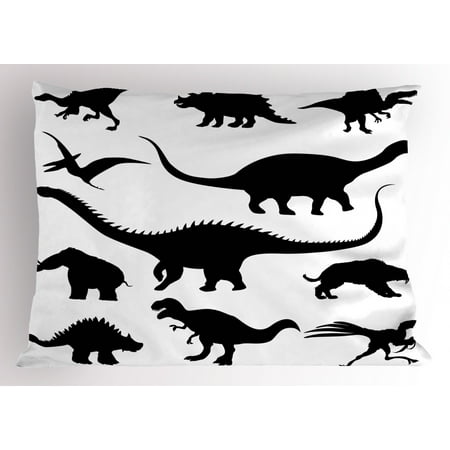 Dinosaur Pillow Sham Various Black Dino Silhouettes Jurassic Evolution Extinction Predator Animals, Decorative Standard Size Printed Pillowcase, 26 X 20 Inches, Black White, by Ambesonne