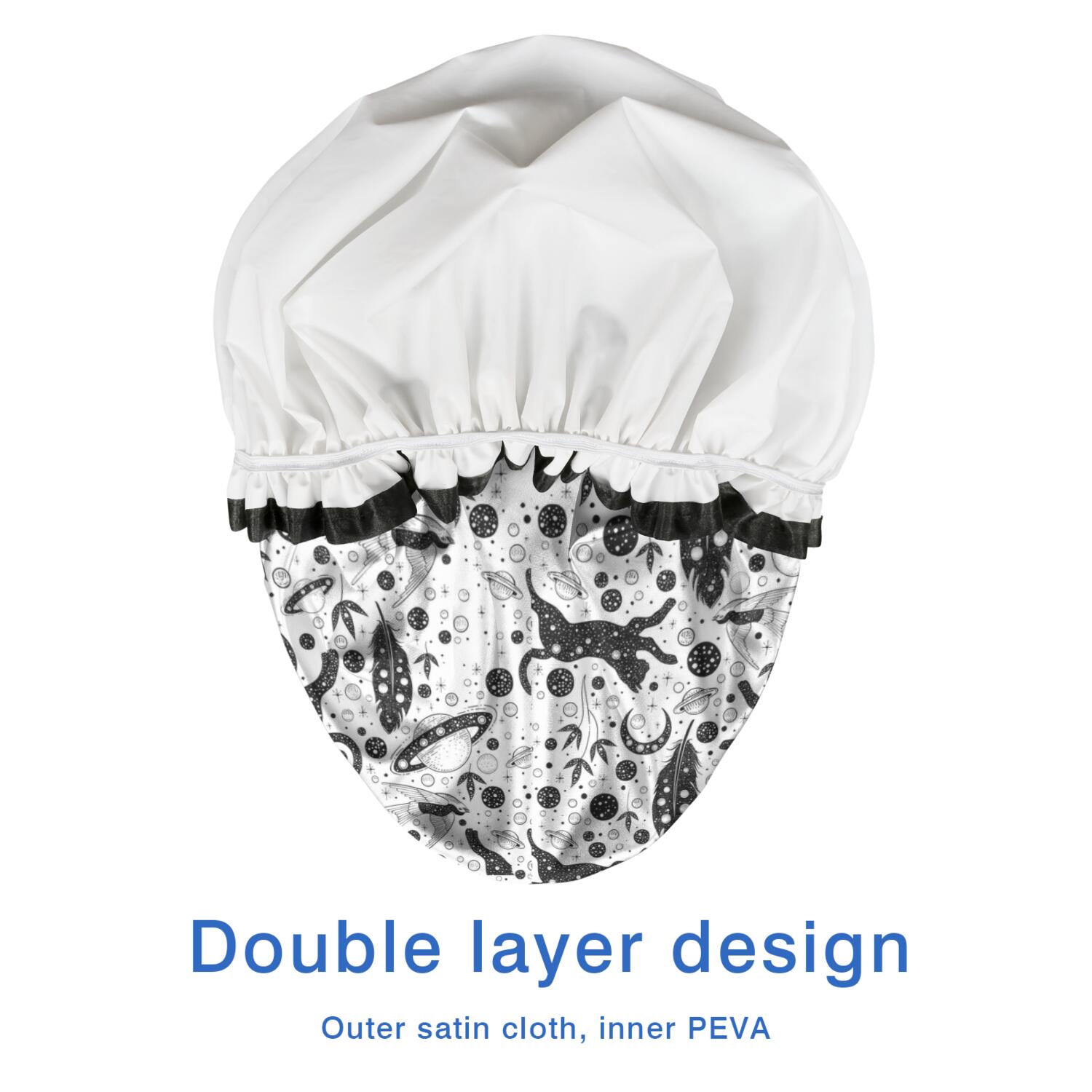 Shower Caps,White Planet Cat Feather Pattern Waterproof Shower Cap for Women 4 Pieces,Double Reusable Hair Cover for Shower PEVA Elastic Stretch Hem
