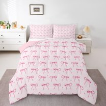Manfei Princess Pink Bow Queen Comforter Set, Cartoon Love Heart Print Bedding Sets, Kawaii Ribbon Bowknot Reversible Bedding Comforter Set, Microfiber Bedroom Decor, 3-Piece