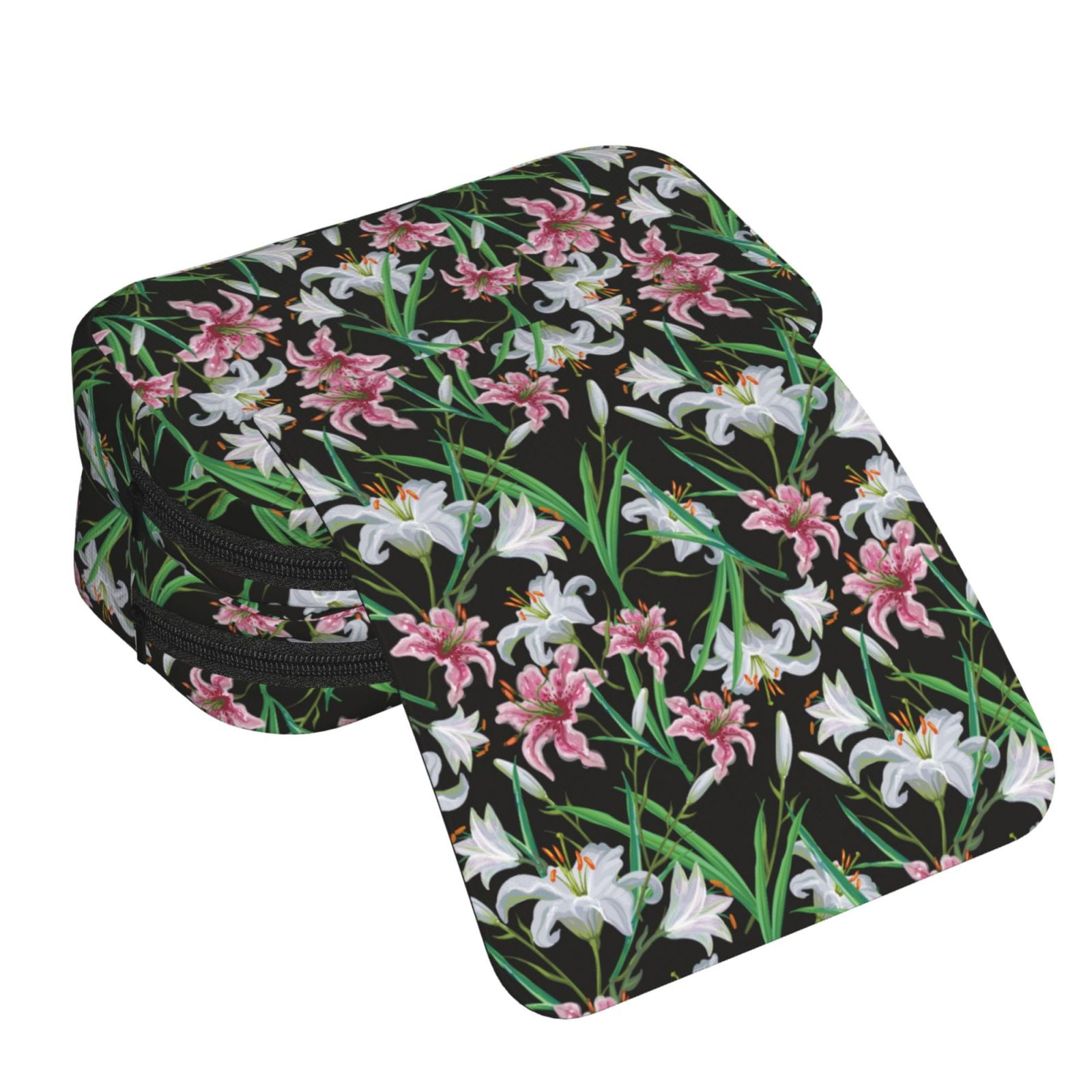 Rateoe Lilies Flowers Pattern Double Clamshell Pen Case, Storage Organizer with Two Zipper Compartments– Holds Up to 50 Pencils & Pens