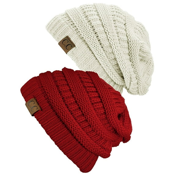 C.C Women's Knit Beanie Cap Hat (2 PACK), Ivory/Red