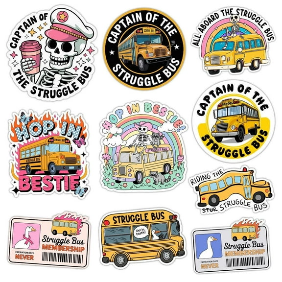 10 Pcs Struggle Bus Stickers Pack | Funny Meme Skeleton Decals | Mental Health Humor Gift for Friends – Waterproof Stickers