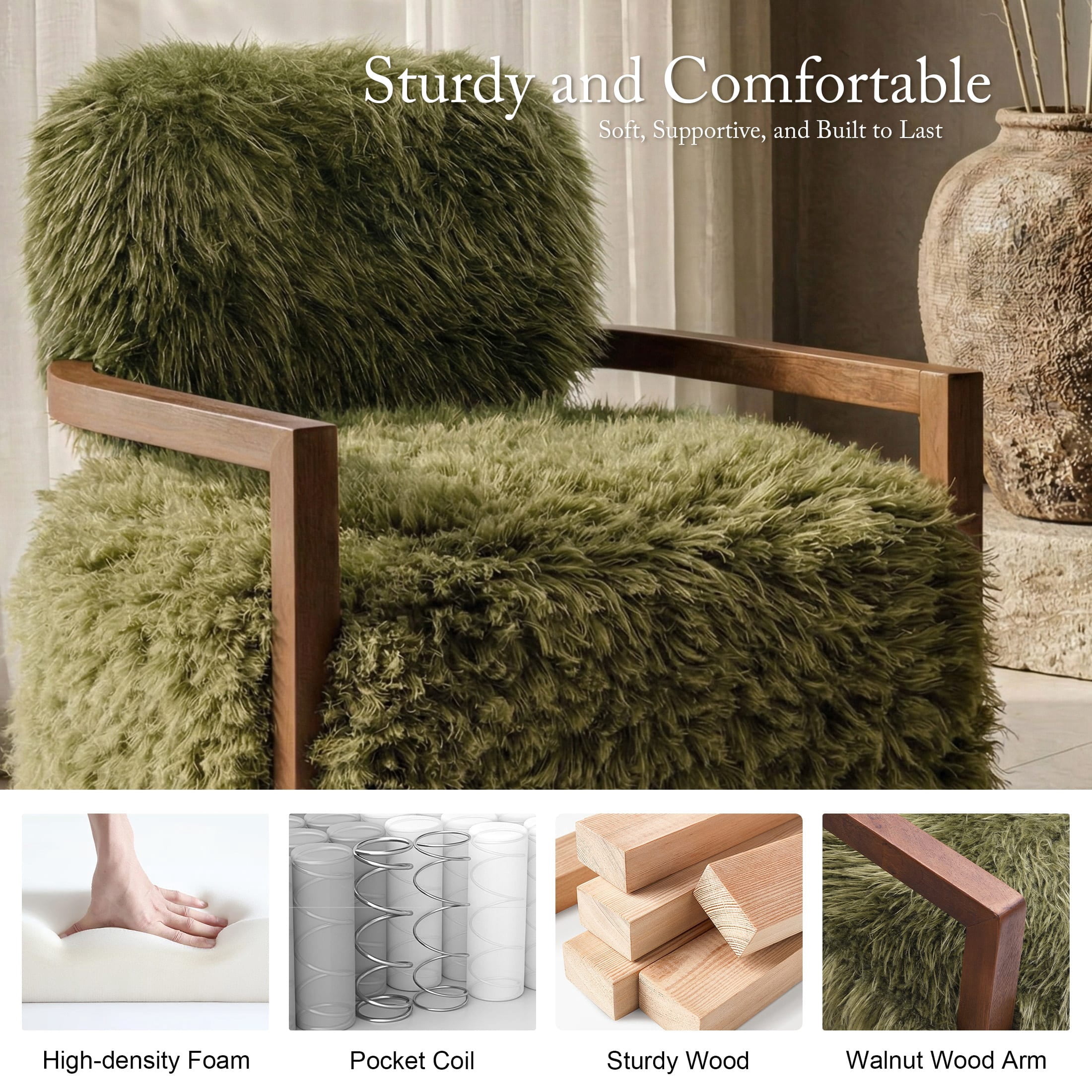 Aenkyo Yeti Contemporary Faux Fur Accent Chair with Walnut Wood Arms, Green