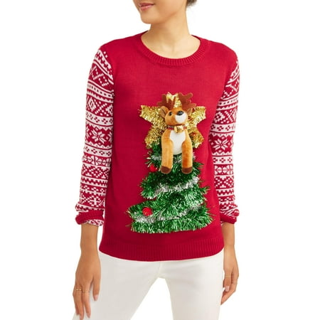 No Boundaries Junior''s Plush Holiday Pop-Out Animal Holiday Christmas Sweater