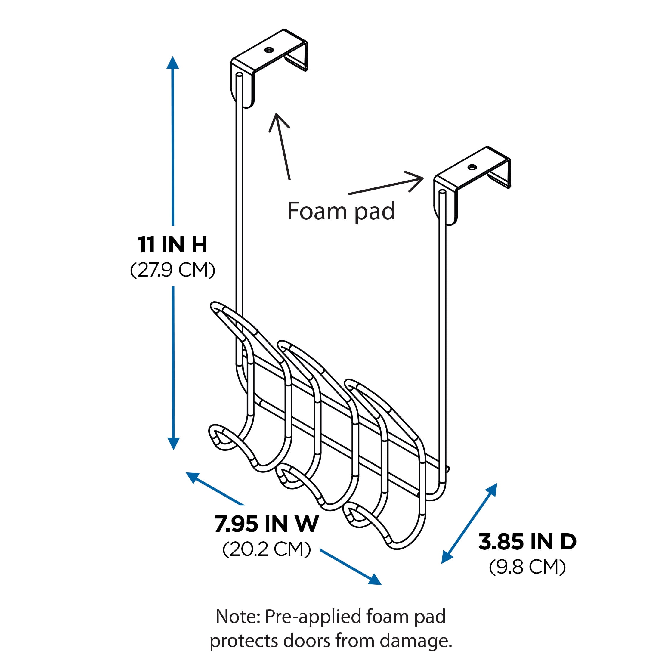 Mainstays Over-the-Door 3-Hook Rack, Satin Nickel, 6 Hooks Total