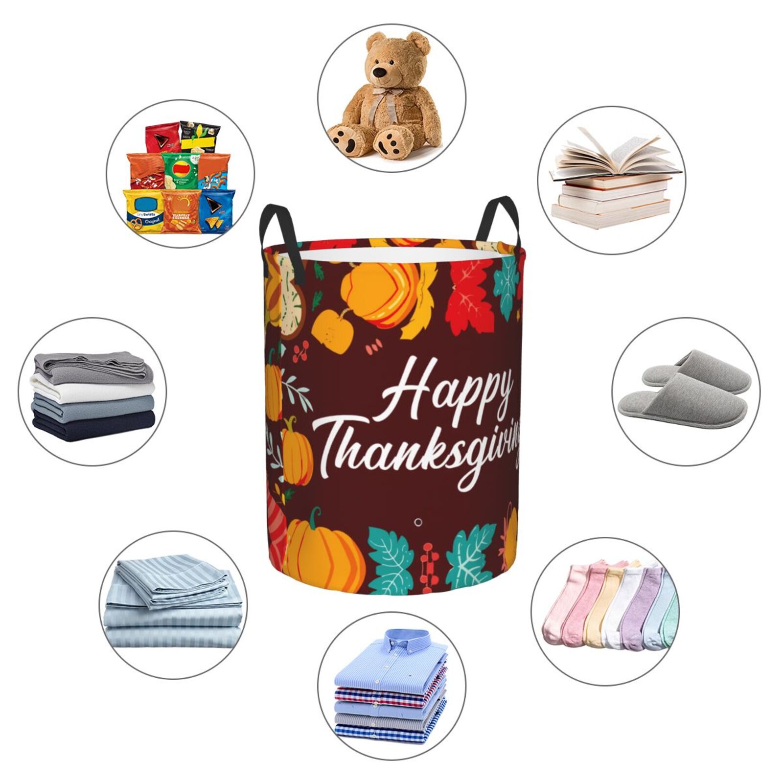 Large Laundry Basket with Handles - Happy Thanksgiving Kids Baby Dirty Clothes Laundry Hamper for Bedroom Aesthetic