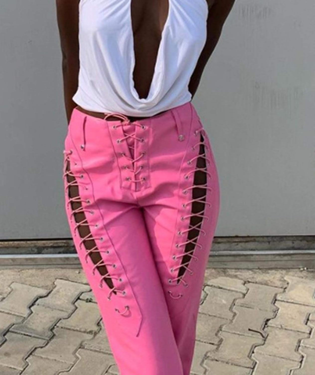 HLSOHJP Women's Lace Up PU Leather Pants Chic High Waist Hollow Out Drawstring Bandage Cut Out Faux Leather Trousers