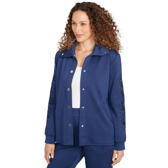 Ruby Rd. Solid Scuba With Embroidery on Sleeve (Petite, Deep blue, X-Large)