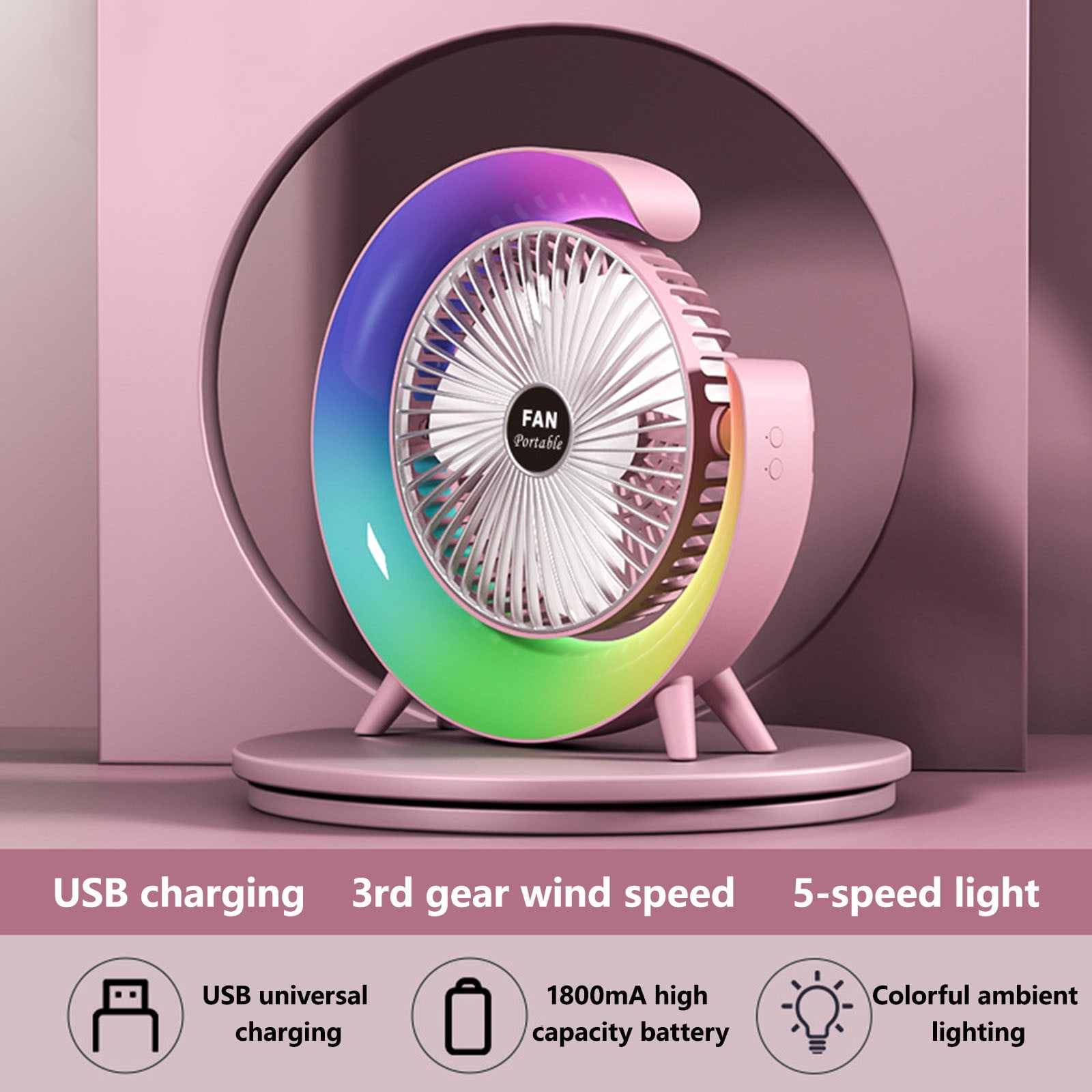 Yyeselk USB Desk Fan with LED Night Lights,3 Speeds Cooling Small Fan
