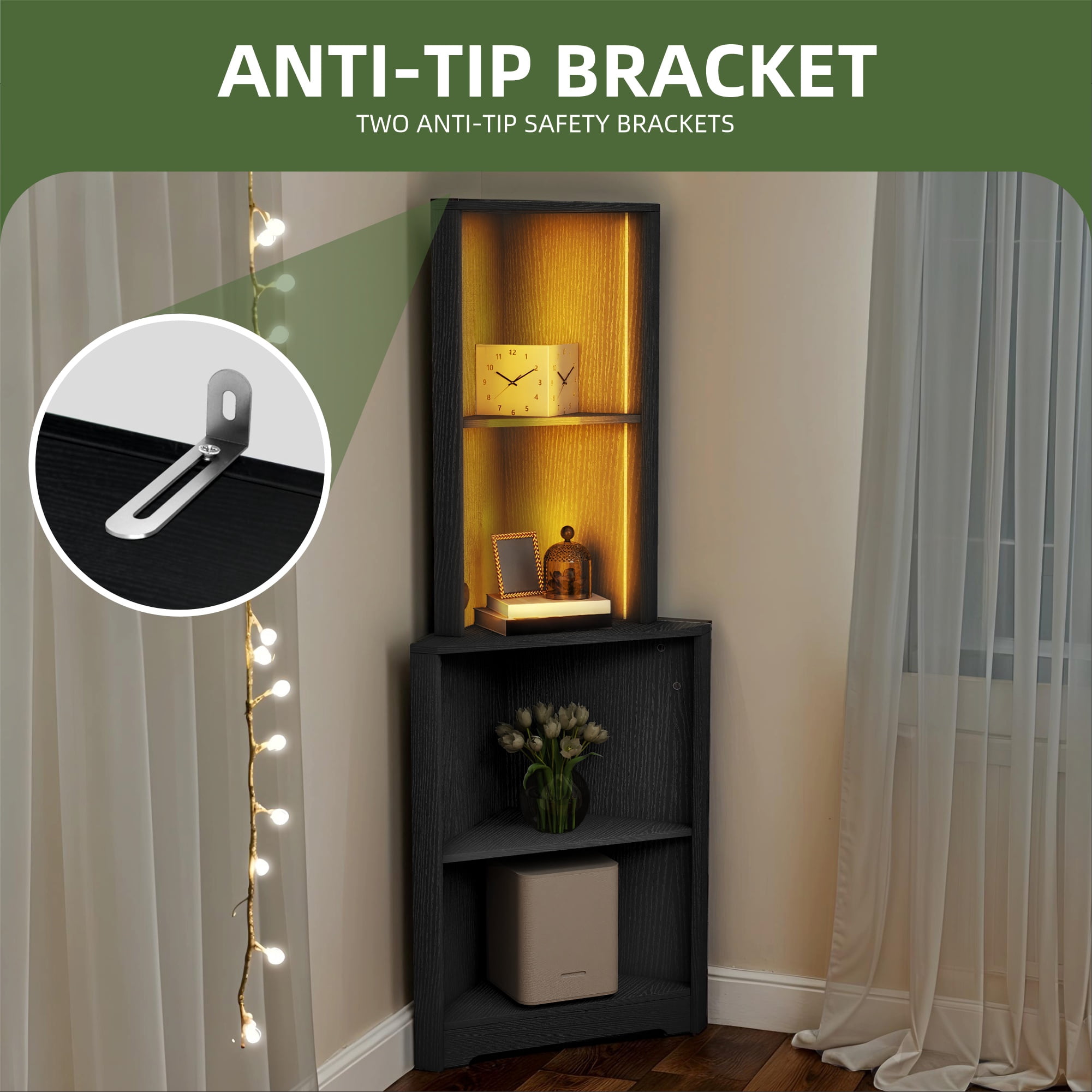Uforic  5-Tier Corner Shelf with LED Light, Bar Cabinet Corner Bookshelf and Bookcase for Home, Black