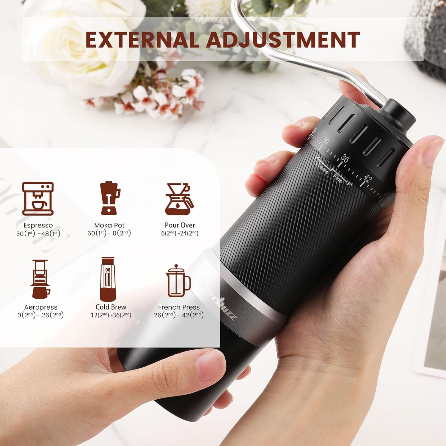 MB2 Manual Coffee Grinder with External Adjustment, 35g Large Capacity Burr Grinder, Magnetic Catch Cup for Espresso Pour Over French Press