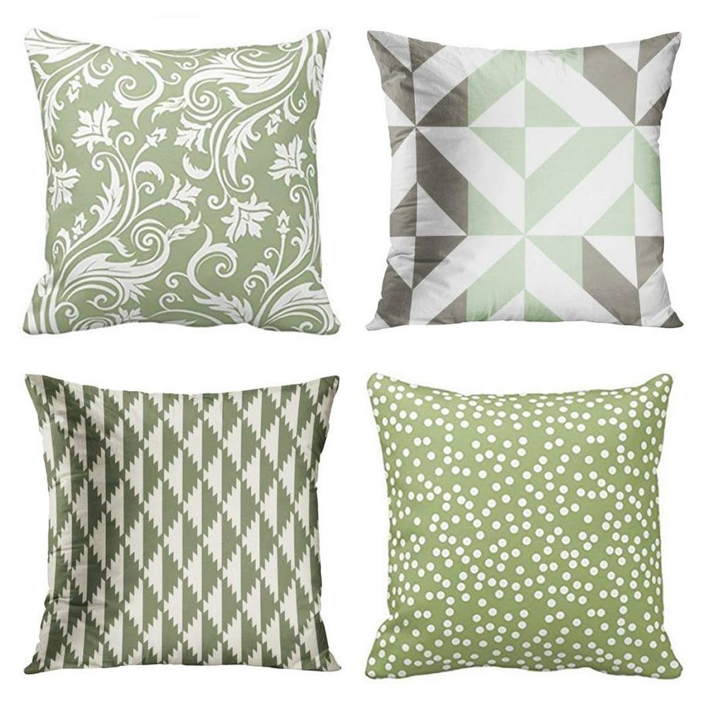 SUFAM Set of 4 Pillow Cases Sage Green and White Pattern Geometric