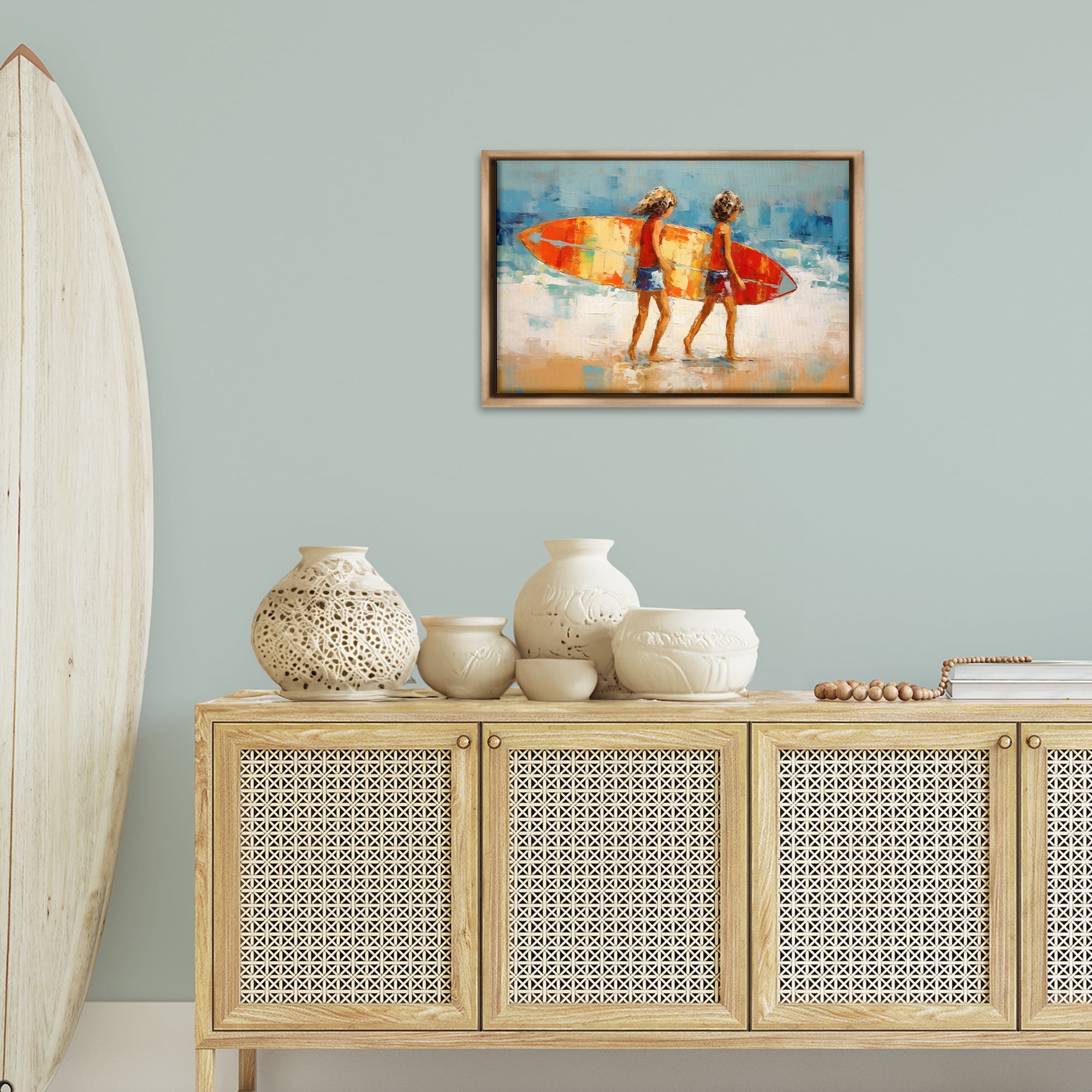 Stupell Industries Kids Holding Surfboard People Painting Brown Floater Framed Canvas Art Print Wall Art, 25 x 17