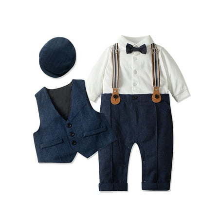 

uukiA 6-24 Months And 2-3 Years Child Baby Boy Gentleman Long Sleeve One-piece Shirt Hat Vest And Suspender Pants 4PCs Outfits Set