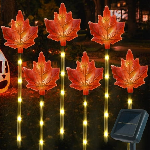 Fall Decor Solar Pathway Lights Outdoor Thanksgiving Decorations, 6 Pack Fall Leaves Solar Thanksgiving Maple Leaf Garden Stake Lights for Outside Patio Yard Wedding Party Autumn Decor