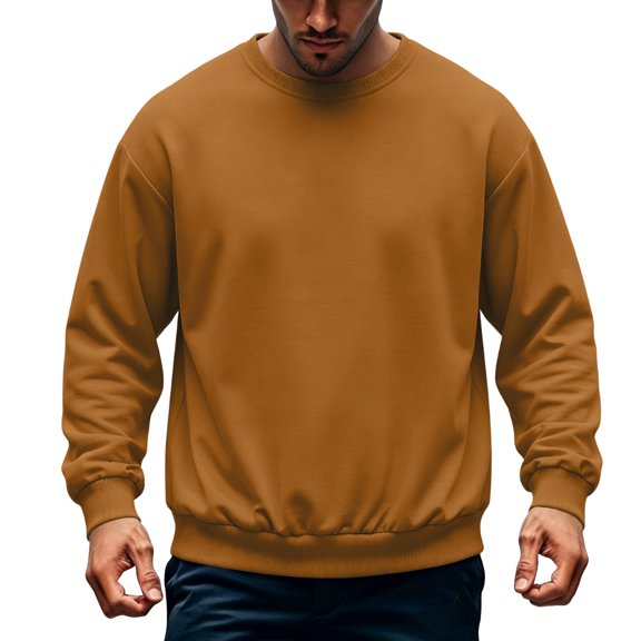 Boyscolos Men Crewneck Sweatshirts Fall Winter Fashion Long Sleeve Pullover Top Stretch Soft Lightweight Shirt Travel Golf Brown S