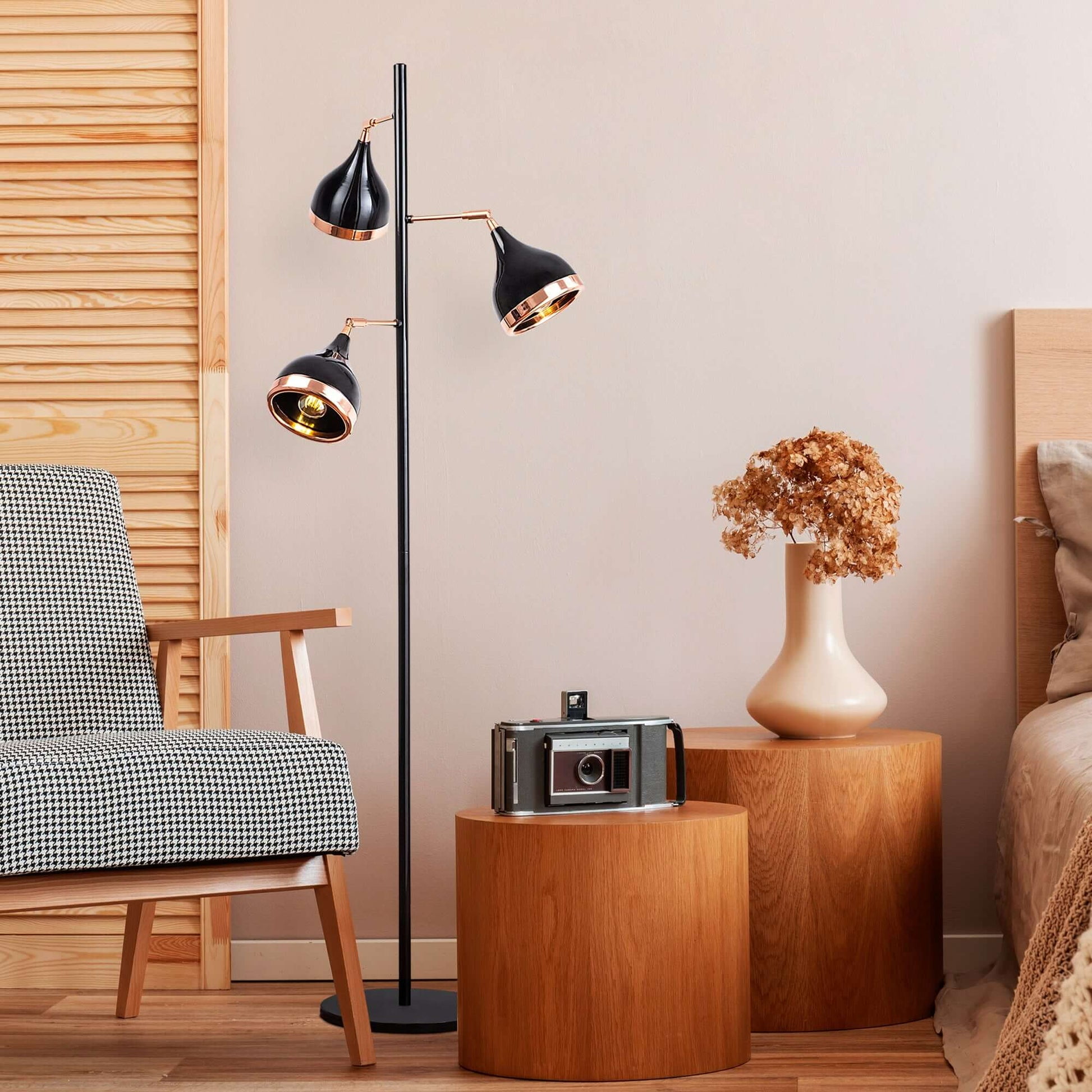 Swift Beacon Midnight Trinity Floor Lamp for Living Room - Durable Shiny Black Finished Metal Body, Perfect Tall Lamp for Bedroom, Office and Workspace