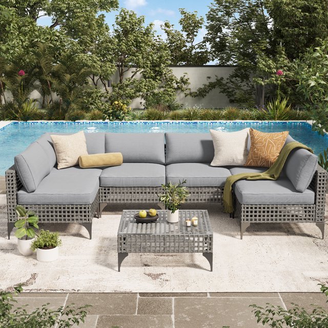 YODOLLA 7 Pieces Patio Conversation Set with Tea Table, Outdoor Sectional PE Rattan Wicker Furniture Seat, Gray Rattan& Light Grey Cushion and Pillow