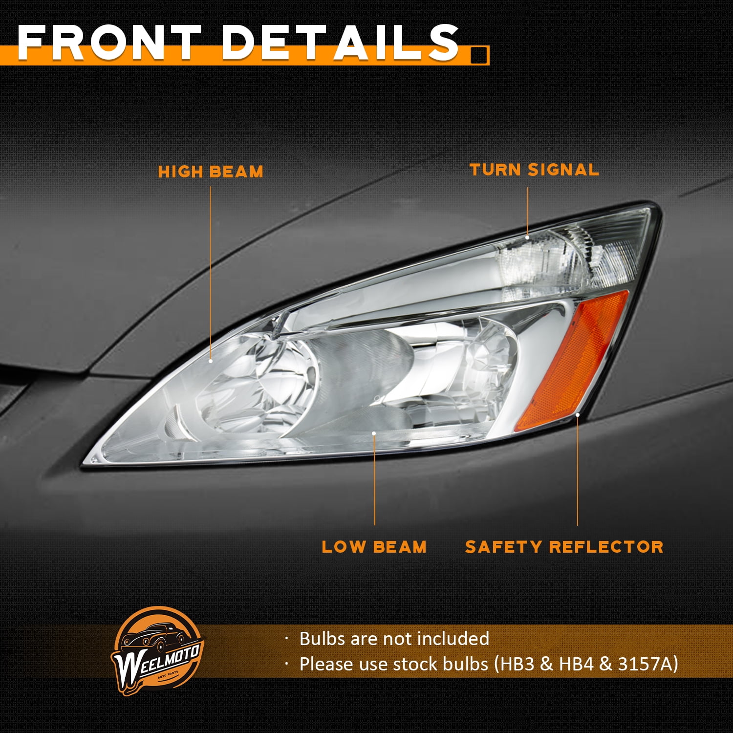WEELMOTO Headlights for 2003-2007 Honda Accord, 03-07 Accord OE Headlamp Coupe/Sedan Chrome Housing Amber Reflector Left+Right Side 2/4-Door