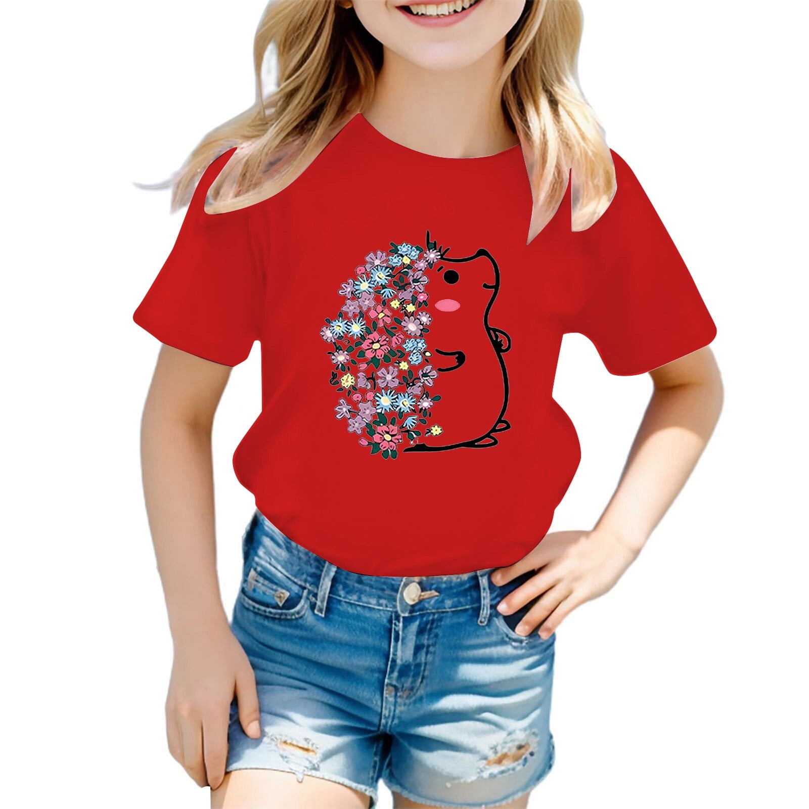 WEIYLL T-Shirts pour Filles, Imprimé Hérisson Mignon, Col Rond, Manches Courtes, Été, Décontracté, pour Enfants de 11-12 Ans