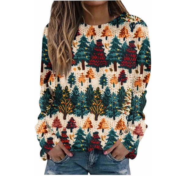 asdoklhq Christmas Sweaters for Women Christmas Printed Loose Casual Long Sleeve Round Neck Hoodless Straight Shoulder Sweater Green S