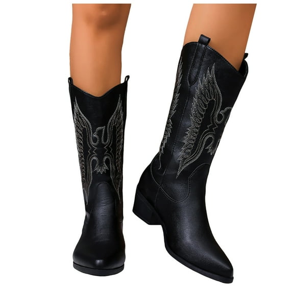 Fall Wide Calf Cowboy Boots for Women 2025 Winter Leather Embroidered Classic Pointed Toe Chunky Low Heel Mid Calf Cowgirl Boots