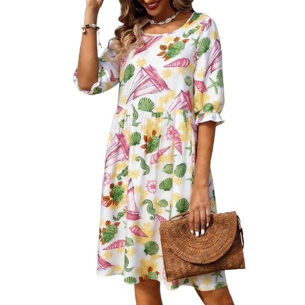 Vestido de Verano Floral Azul Impresión de Vacaciones de las Mujeres Suelto Cuello Redondo Vestido de Manga de Tres Cuartos, Manga de Puff Cambio Casual
