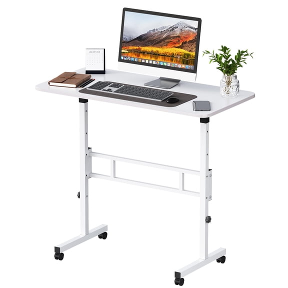 Small Standing Desk Adjustable Height, Mobile Rolling Stand Up Desk with Wheels, 32 Inch Portable Rolling Desks Computer Office Workstations Walking Pad (White)