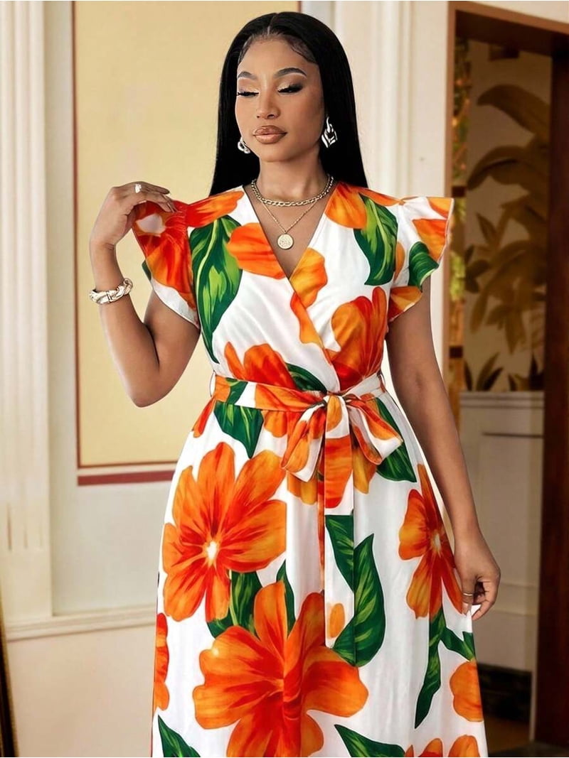 plus size orange wrap dress Veslaya Plus Size Burnt Orange Maxi Dress Women's Autumn Elegant Party Casual V-Neck Dropped Shoulder Sleeve Waist Tied Split Hem Woven Wrap Texture Dress