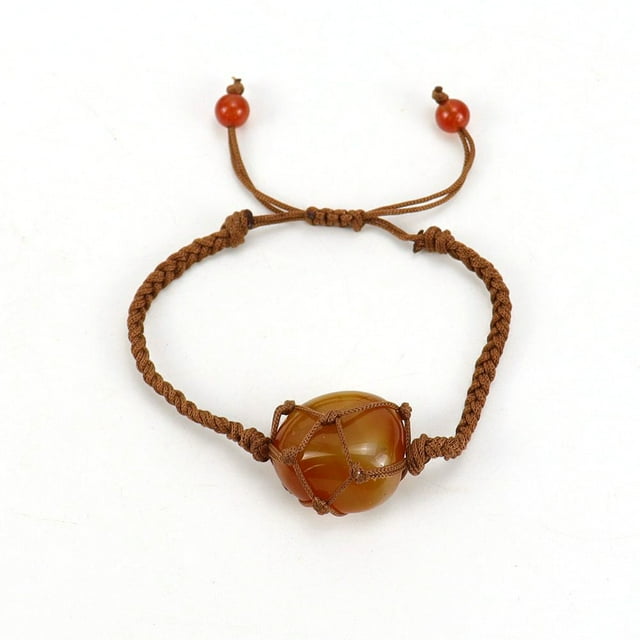 Nvzi Pulsera de cuentas hecha a mano, adecuada, pulsera de bolsa de malla de cristal de piedra natural con cuerda marrón tejida a mano (rojo claro)