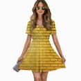 thumbnail image 2 of Brick Wall, Yellow Brick Stone Wall Sunlight Women Dress V-Neck Short Sleeve Flowy Swing Party Midi Dress, 2 of 4