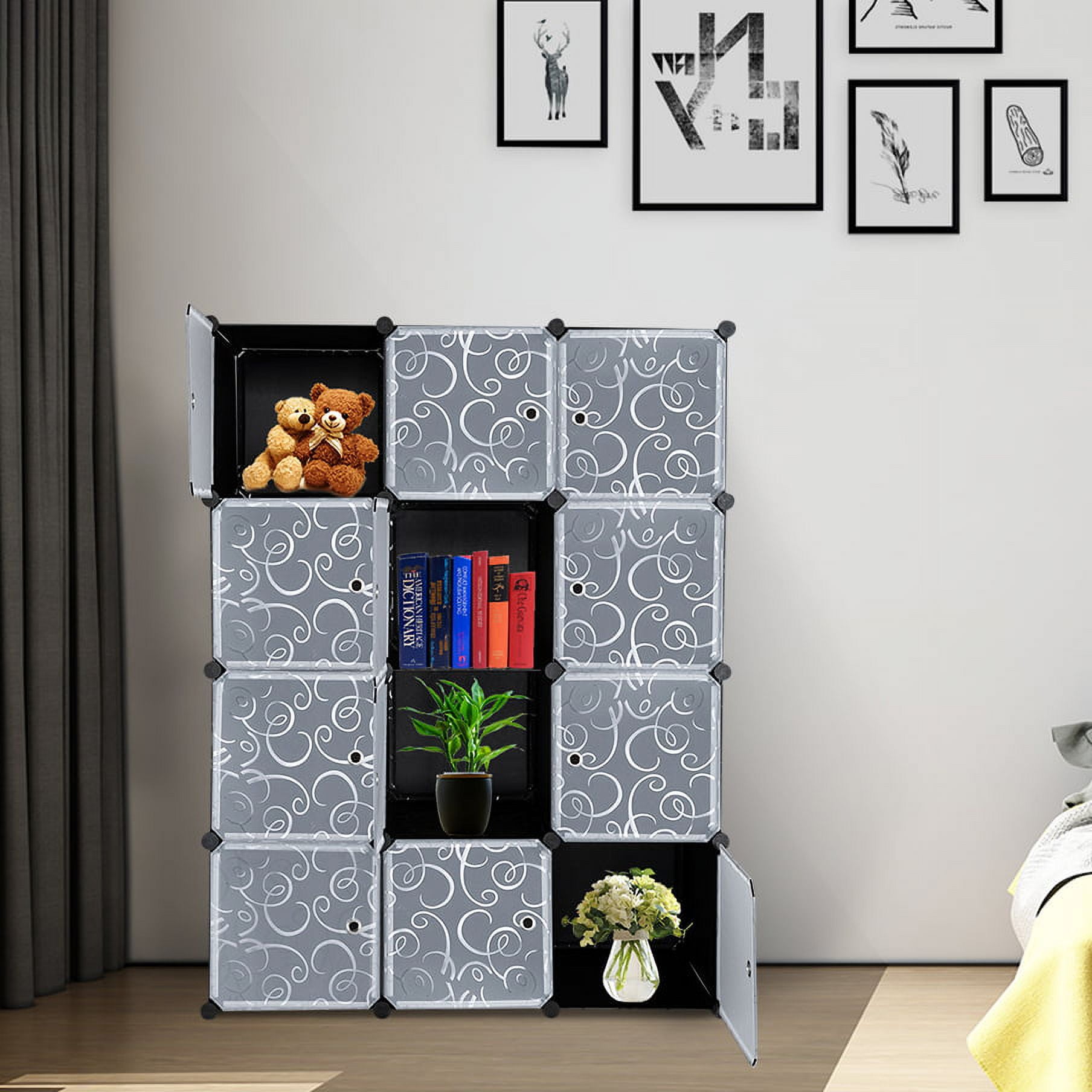 Private Jungle 12 Cubes Shelves Units, Closet Cabinet Bookshelf, DIY Plastic Modular Storage Cube Organizer w/Pattern White Doors and Hammer - Black