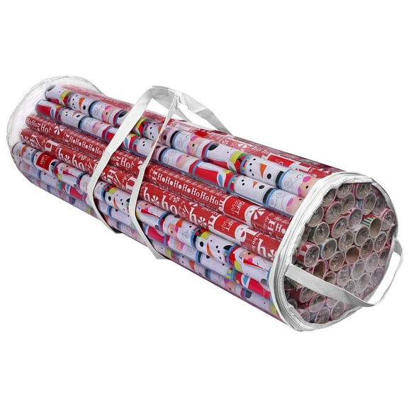 ProPik Christmas Gift Wrap Organizer Clear, Fits 24 Rolls of 40 Inch Long, Heavy Duty PVC Wrapping Paper Storage Bag with Handles and Zippered Top, Underbed Tote Clear Tube Container (White trimming)