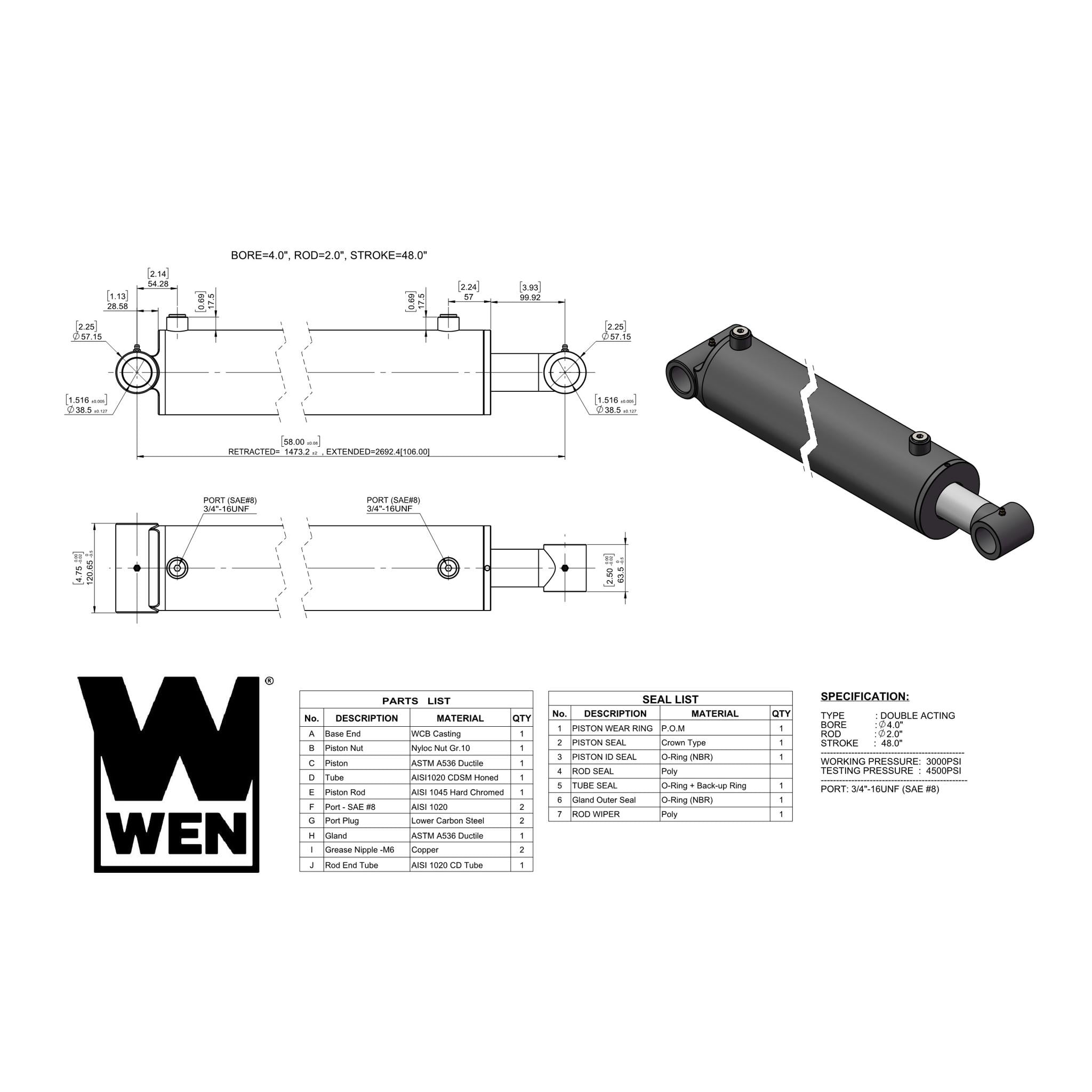WEN Cross Tube Hydraulic Cylinder with 4-inch Bore and 48-inch Stroke (WT-4048)