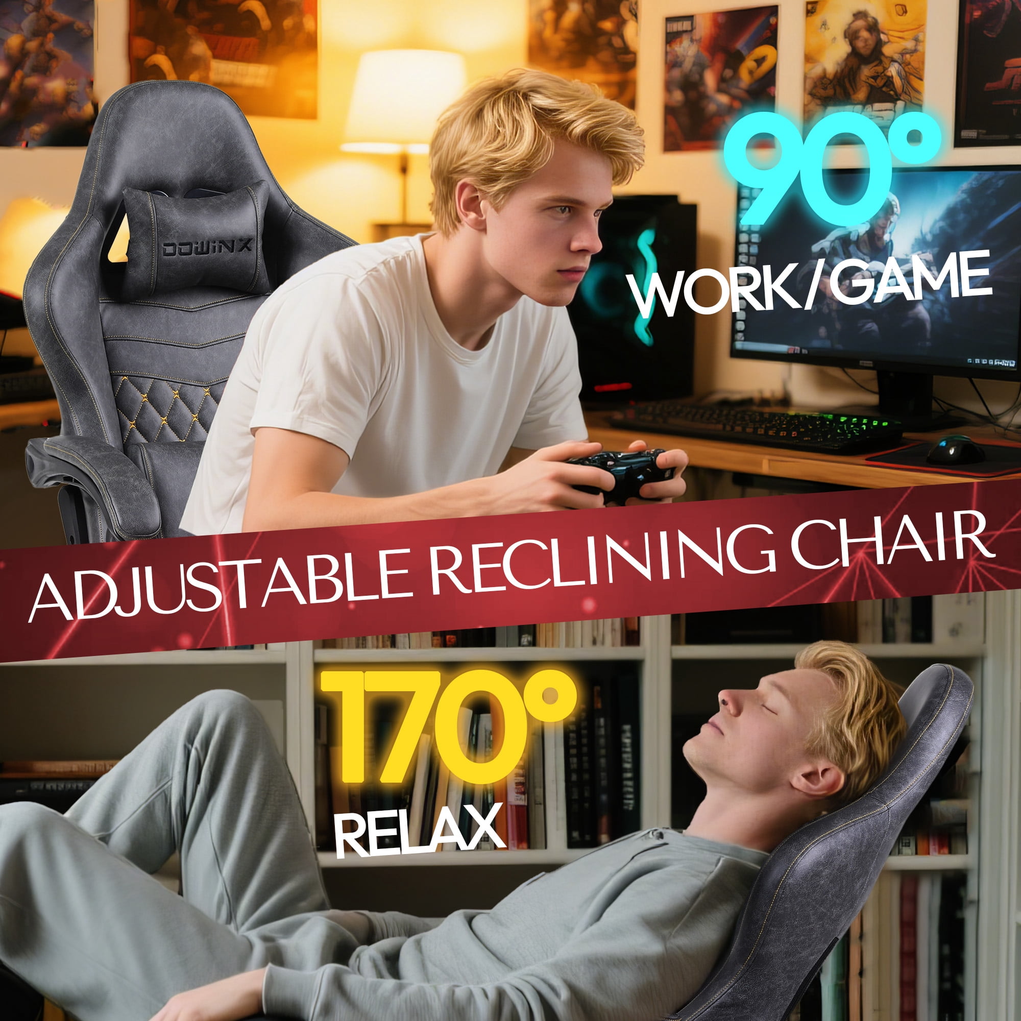 GOOSEA Big and Tall Gaming Chair with Footrest, Ergonomic High Back Office Computer Chair, Adjustable Massage Lumbar Support, PU Leather for Adults, 350Lbs, Grey