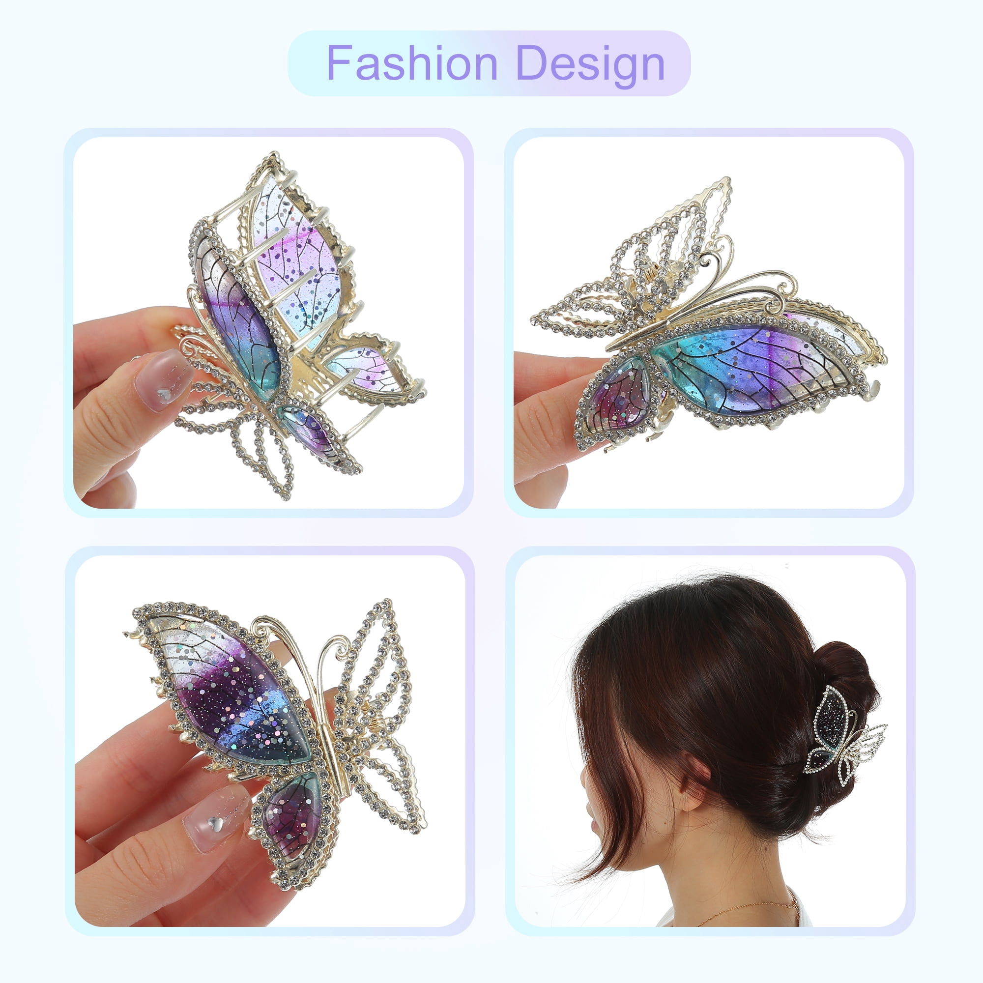 Unique Bargains Rhinestone Butterfly Hair Clips Barrettes for Girls Women Purple