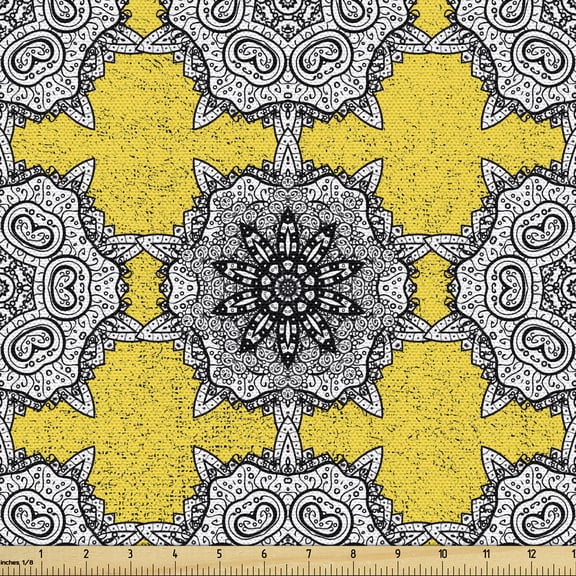 Renaissance Fabric by the Yard, Retro Damask Motif Mosaic Tiles with Antique Ornamental Baroque Effects, Decorative Upholstery Fabric for Sofas Home Accents, 2 Yards, Yellow Black White by Ambesonne