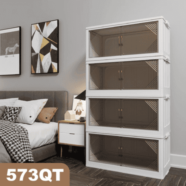 573QT 4-Pack 35.4’’ Wide Transparent Plastic Storage Cabinets for Closet Organizers and Storage, Folding Storage Box, Storage Bins with Open Front Door