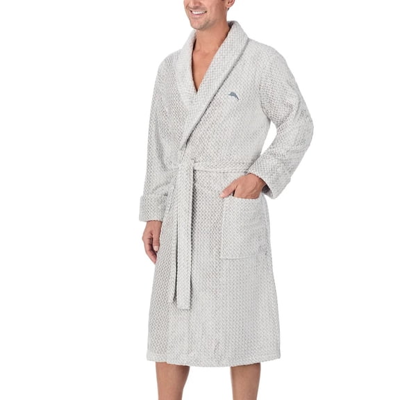 Tommy Bahama Men’s Plush Cuffed Sleeves Shawl Collar Embroidered Logo Robe (Gray/Small-Medium)