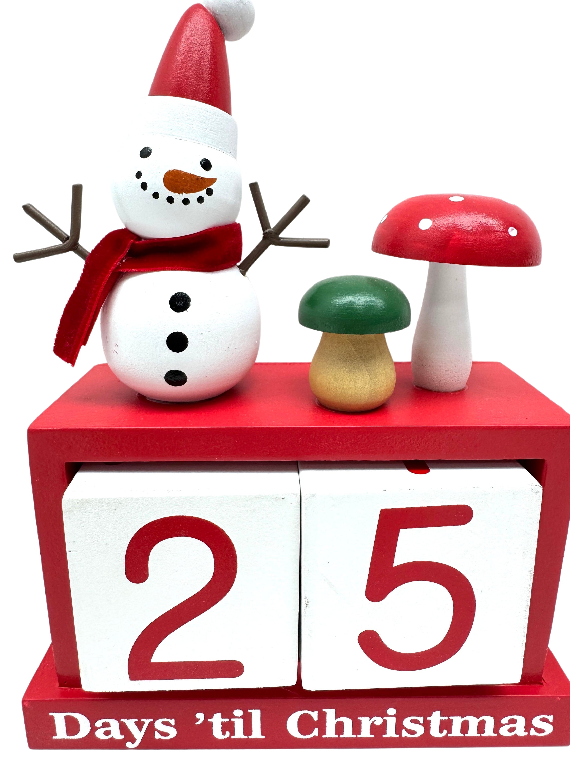 Calendrier de l'Avent bonhomme de neige en bois Holiday Time 10 avec des blocs amovibles pour changer la date de compte à rebours.