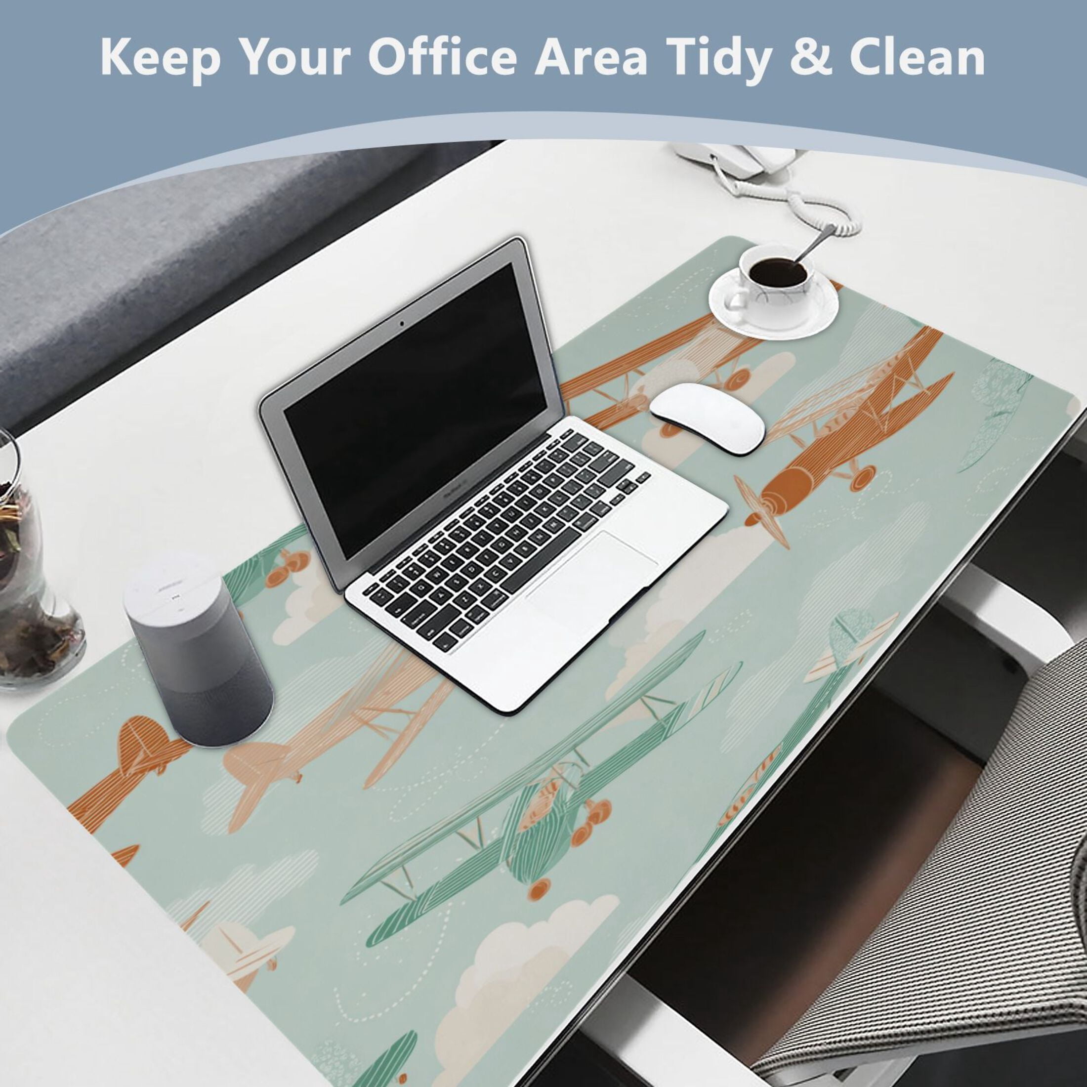 Leather Keyboard and Mouse Desk Mat Office Desk Accessories Protective Office Desk Decor Desk Pad Mat for Gaming, Work from Home, Office Cute Airplanes 23.6" x 47.2"