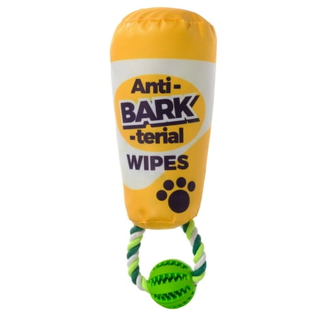 UPC: 0810058051004 | Pronk! anti-BARK-terial Wipes Bottle 14-Inch Durable Soft Plush Squeaky Rope Dog Toy