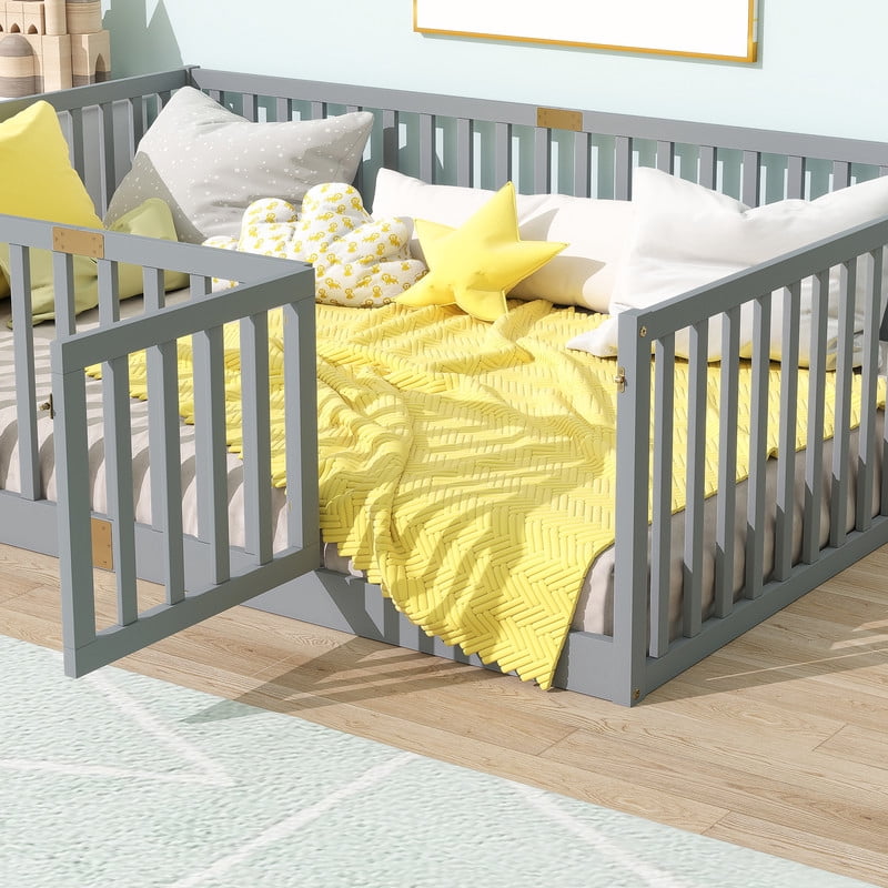 Mirightone Full Size Floor Bed, Wood Montessori Floor Beds with High Fence Railings, Door & Slats Support, Full Playhouse Bed Frame, No Box Spring Needed, Grey