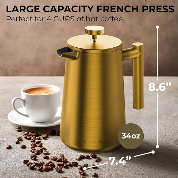 Stellagro French Press Coffee Maker, Stainless Steel French Press, 34 Oz / 1L, Large Insulated Double Wall Coffee Maker with 3 Extra Mesh Filters, Satin Finish, Gold