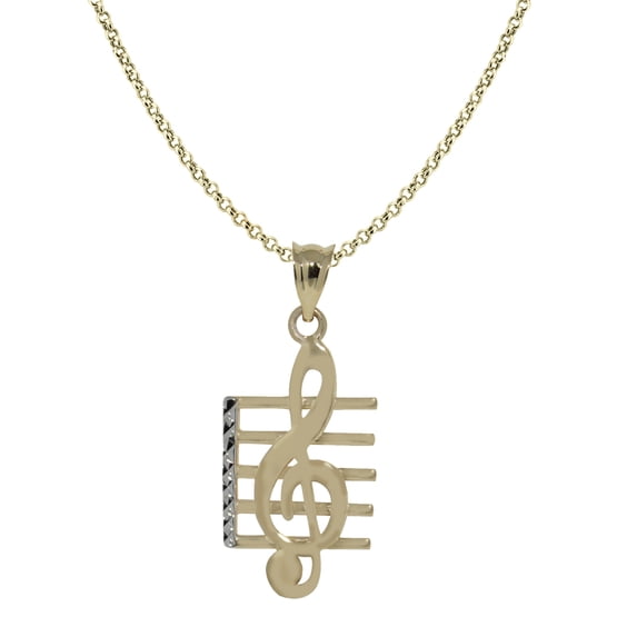 Precious Stars 14K Two-Tone Gold Unisex Diamond-cut Musical Clef Note Pendant with 16" Chain Necklace