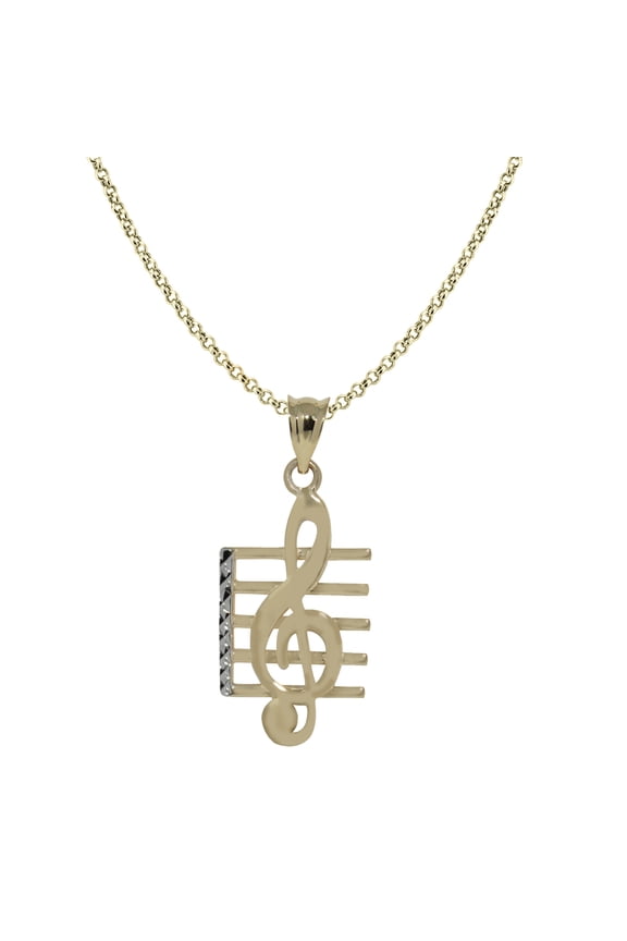 14K Two-Tone Gold Unisex Diamond-cut Musical Clef Note Pendant with 16" Chain Necklace