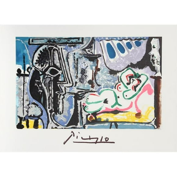 Pablo Picasso 2070 le Peintre et Son Modèle- Lithographie sur Papier 29 Po x 22 Po - Bleu- Pourpre- Vert- Rose