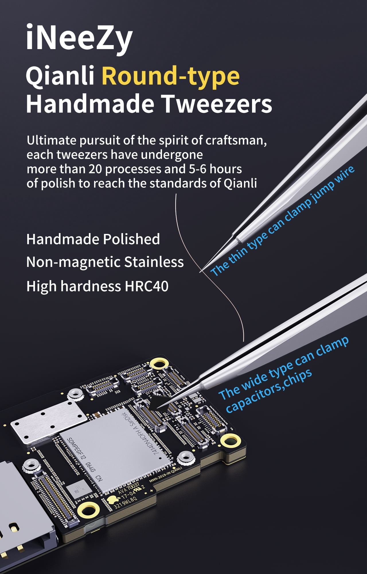 Replacement iNeeZy Handmade Non-Magnetic Stainless Tweezers (Silver - Wide) (Qianli)