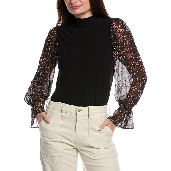 CeCe womens  Mixed Media Mock Neck Top, s, Black