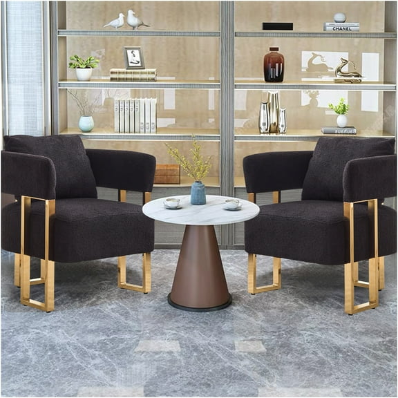JERFIT Modern Accent Chair Set of 2, Black Teddy Fabric Upholstered Side Chairs with Gold Metal Legs for Living Room, Office, Dressing Area
